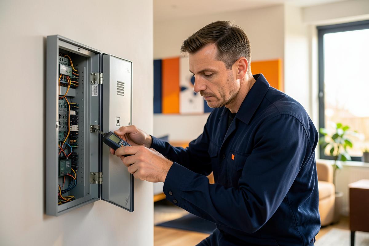 Électricien réalisant un diagnostic sur un tableau électrique lors d'un dépannage
