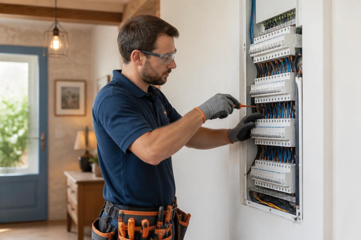 Électricien réalisant une rénovation électrique dans une maison du Médoc